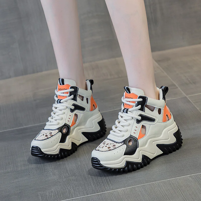 7CM Chunky Hollow Breathable Sneakers Fashion Genuine Leather Women New Female Summer Comfy Lace Up Fashion Ladies Shoes