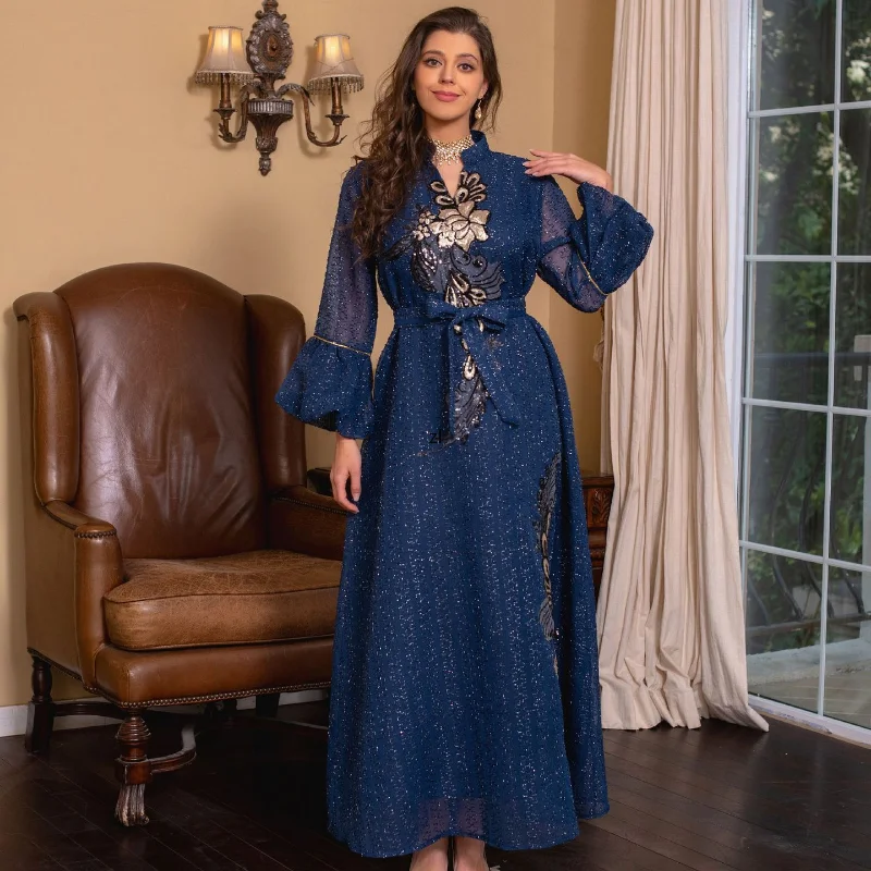 Ramadan Muslim Kaftan Abaya Dress Women Dubai Elegant Sequin Evening Gowns African Maxi Dress Boubou Robe Djellaba Femme 2023