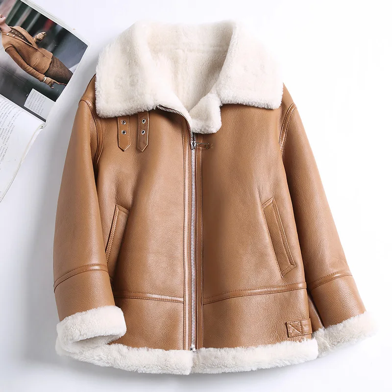 Women's Fashion Leather Jackets Winter Thick Warm Lamb Fur Lining Sheepskin Coat Motorcycle Full Sleeve MH3889L