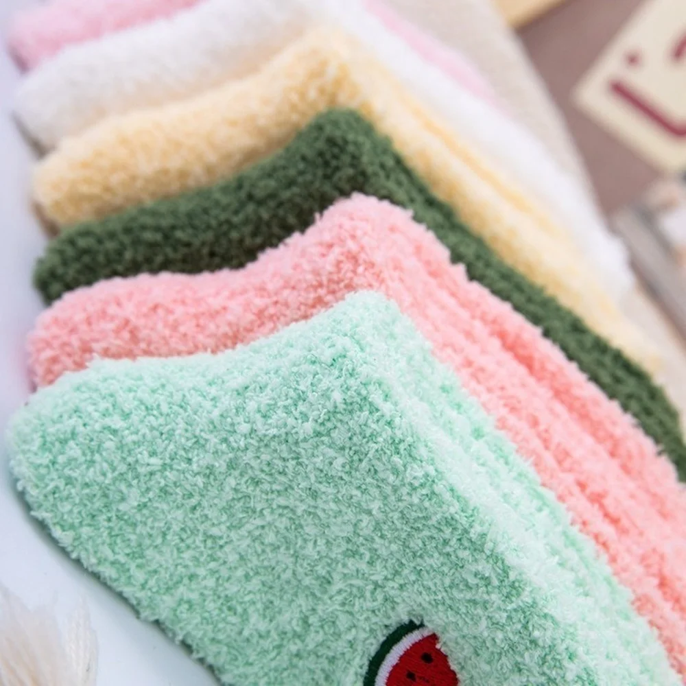 6 Pairs Pure Color Japanese Fruit Embroidery Coral Fleece Women Socks Fashion Candy Color Thickening Warm Sleeping Socks
