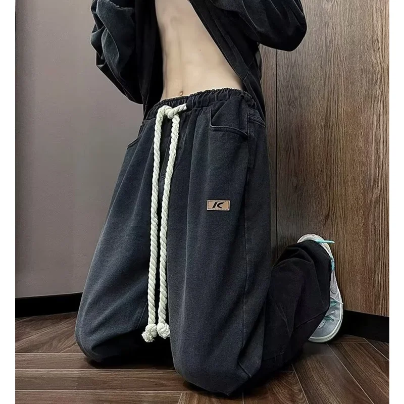 Streetwear Men 2022 Fashion New Pattern Vintage Recreational Blue Jeans Loose Straight Cylinder Broad Leg Trousers Autumn Female