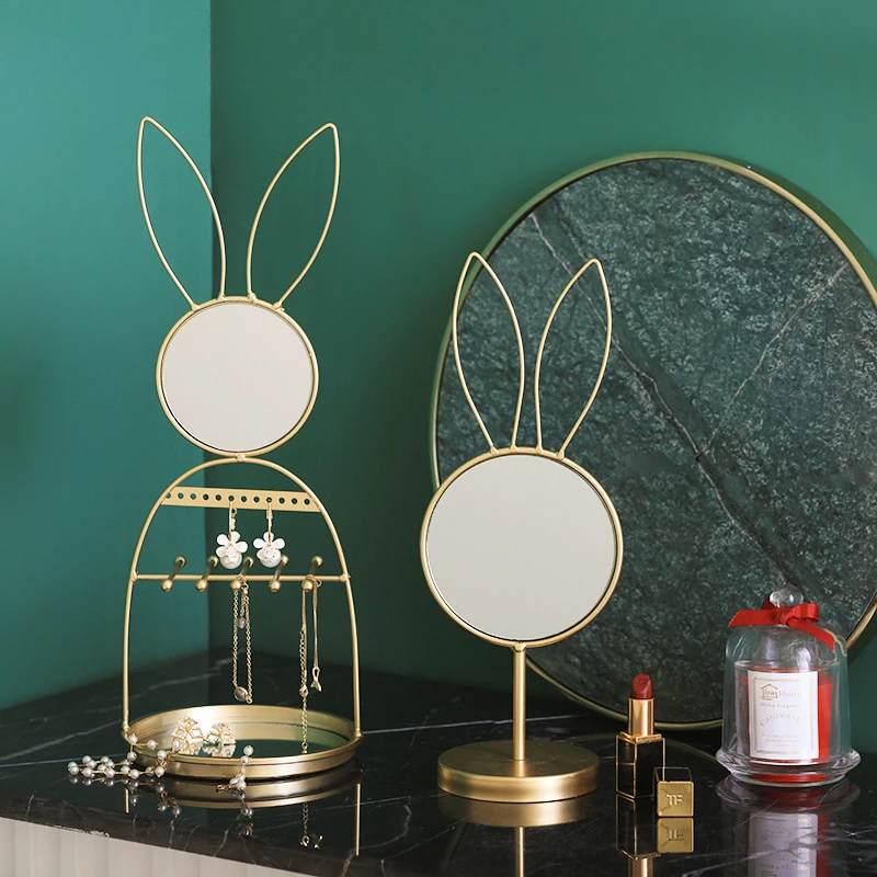 Rabbit Shape Decorative Mirrors Nordic Golden Makeup Decor Mirror for Bedroom Lady Desktop Metal Mirror Make-up Accessories