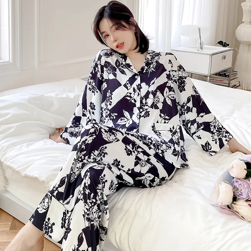 2023 Spring Ice Silk Pajamas Women's Long-Sleeved Suit Palace Style Summer Thin plus Size Homewear