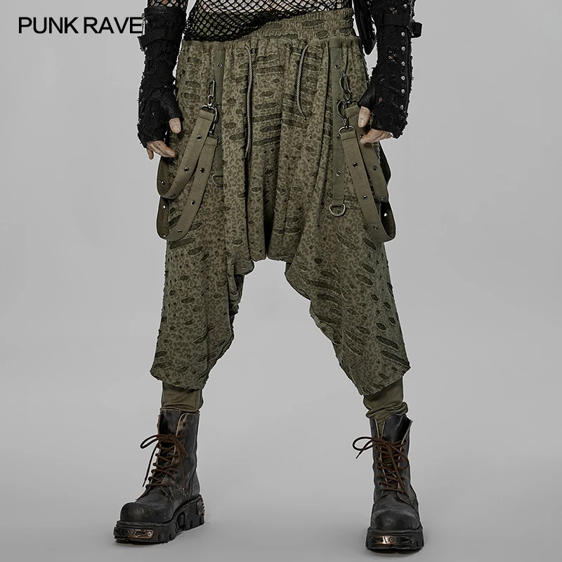 PUNK RAVE Men's Dark Elastic Waist Loose Holes Crotch Pants Punk Fashion Free Casual Trousers Personality Streetwear Pants