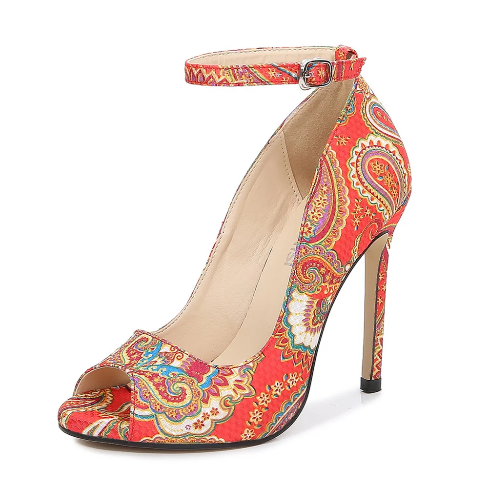 

2022 Women High Heels Sandals Woman Fashion Summer Sexy Female Peep Toe High-heeled Shoes Open Toe Ethnic Print Party Sandals