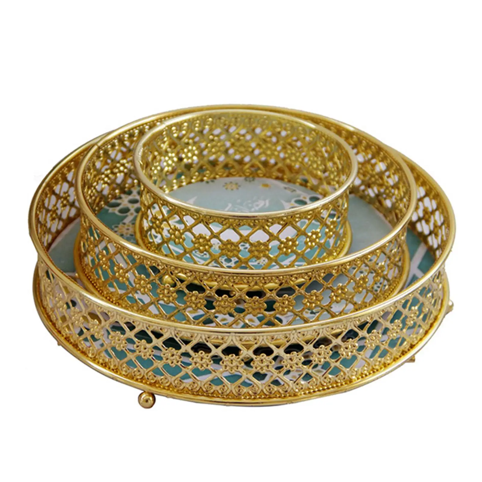 Трехчастная круглая золотая декоративная подноска для закусок, десертов, фруктов, косметики, органайзер для макияжа, металлическое хранение, предмет интерьера для дома.
