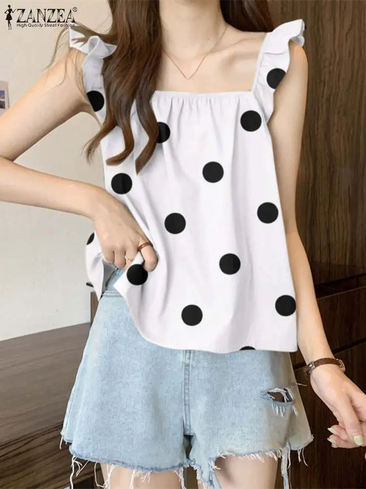 

ZANZEA Women Summer Blouse Square Neck Polka Dots Printed Shirt Causal Beach Tops Elegant Ruffles Blusas Work Chemise Oversize