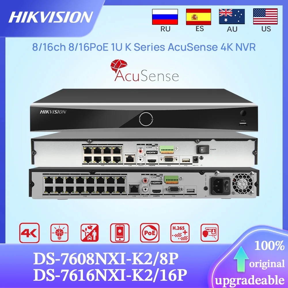 Оригинальный сетевой видеорегистратор Hikvision 4K DS-7608NXI-K2/8P DS-7616NXI-K2/16P 8/16-ch 8/16PoE 1U AcuSense