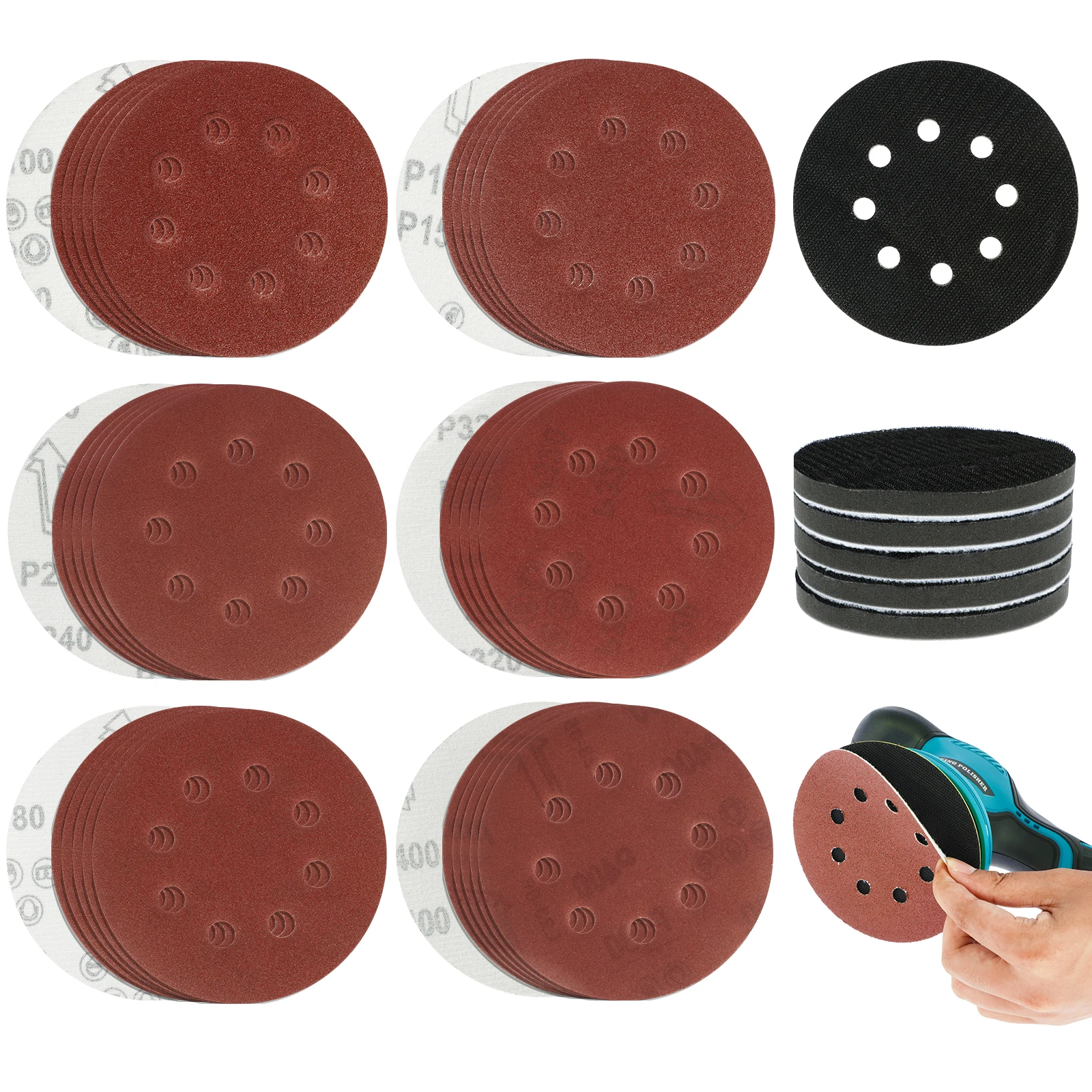 

35Pcs Sanding Discs 5inch Aluminum Oxide Hook and Loop Sandpaper 8 Holes Round Polishing Buffer Sponge Pad