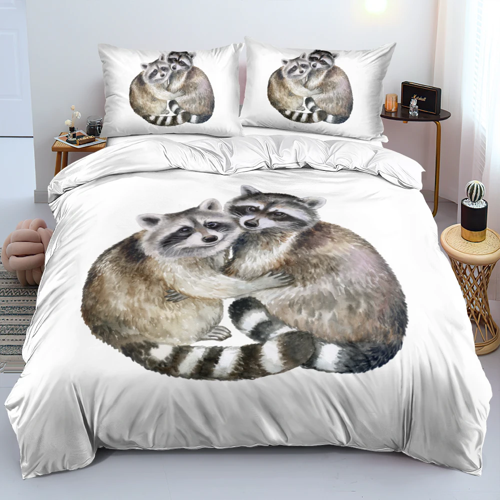 

High Quality Cute Raccoon Duvet Cover Set Simple White Comforter Cover Pillow Cases Retain Softness Bedding Set Twin Full Queen
