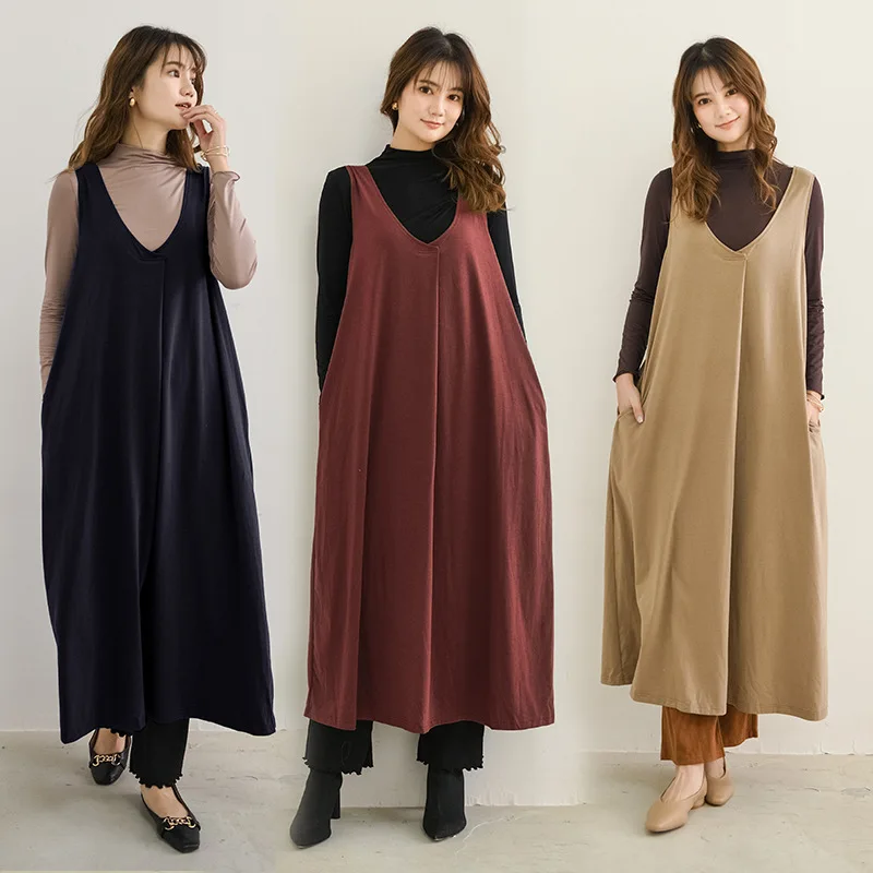 

Autumn Winter Sleeveless Big Pocket Loose Sweetheart Japanese Solid Color Women Dress V Neck Maxi Dress Rib Modal Mock Neck Top