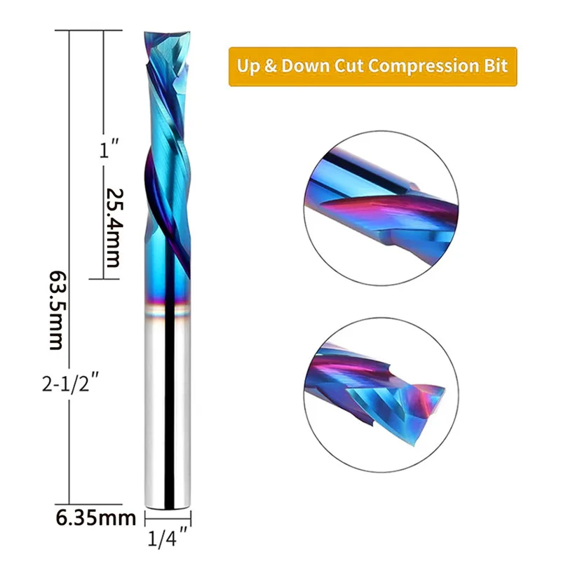 1/4-дюймовый хвостовик, 2-зубая режущая спиральная фреза вверх/вниз, твердосплавная фреза, фреза с ЧПУ, точный паз с пазами