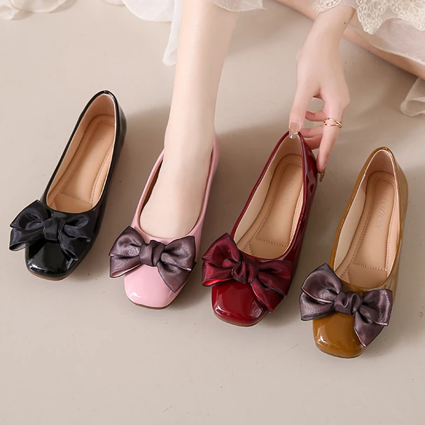 

Riband Bow Flat Shoes Peep Toe Ballet Flats Women Soft Bottom Leather Moccasins New Spring Summer Slip on Loafers Plus Size 43