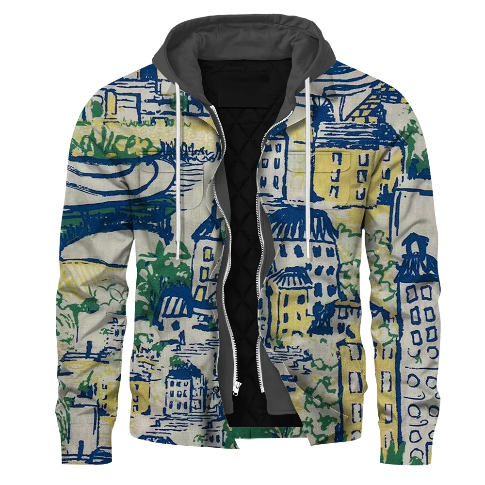 

HX Men's Autumn Winter Jacket 3D Graphic Painting Printed Hoodie Zip Long Sleeve Streetwear Casual Shirt Jackets Men Coat
