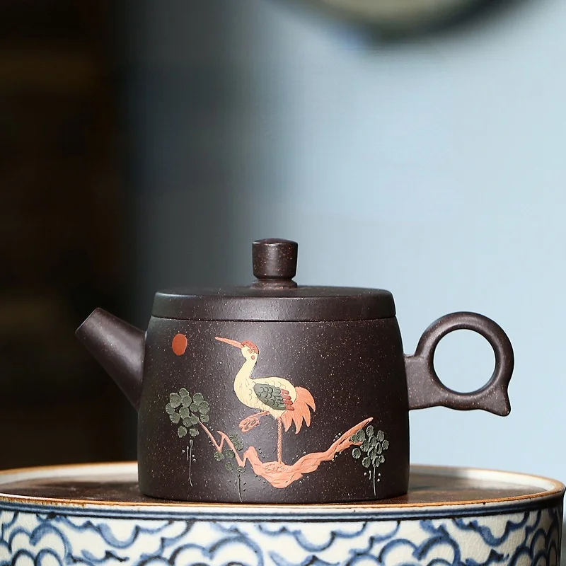 

170ML Real Handmade Yixing Black Gold Sand Teapot Clay Kettle Crane Pattern Meaning Health Longevity Puer Kung Fu Tea Pot