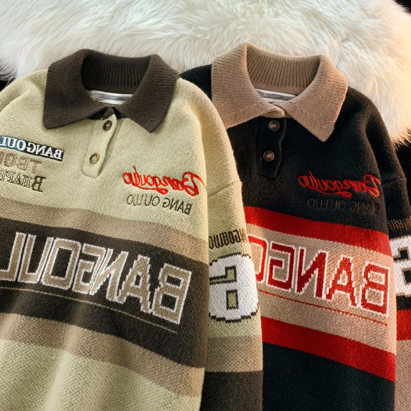 

Antique Vibe Vintage Pullover Contrast Panel Lapel Sweater Men Women Autumn Winter Loose Jersey Couple Knitted Coat Clothing