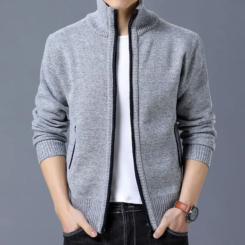 

Winter Coat Stand Turtleneck Business Collar Sweater Thick Cardigan Autumn Dark Men Color Style Knitting Mature Pockets Leisure