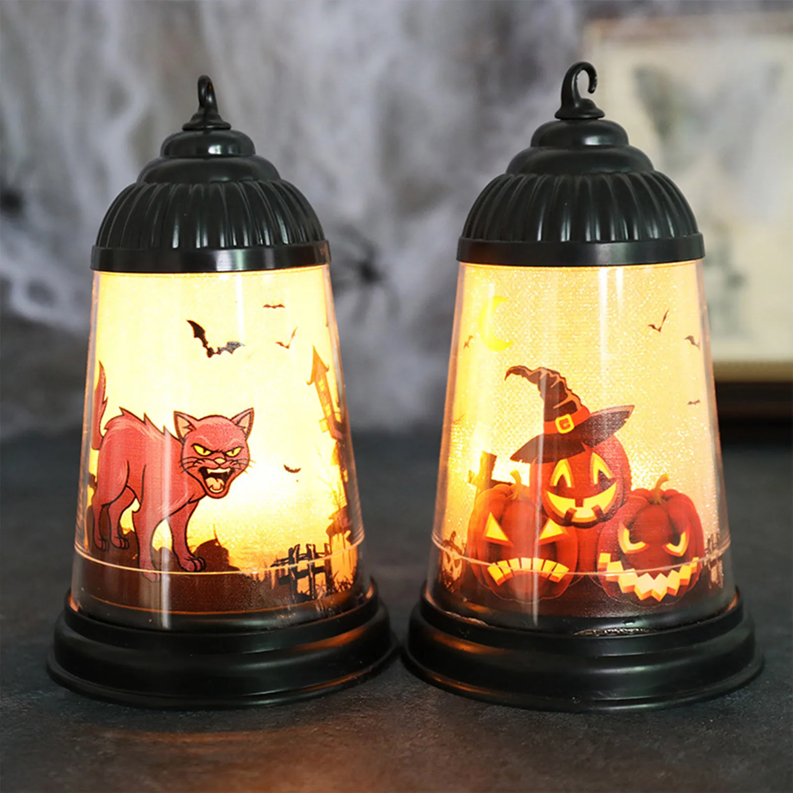 Halloween Lantern LED Light Decorations Pumpkin Cat Witch Candle Portable Lanterns Desktop Decor Home Garden Patio Pathway Yard