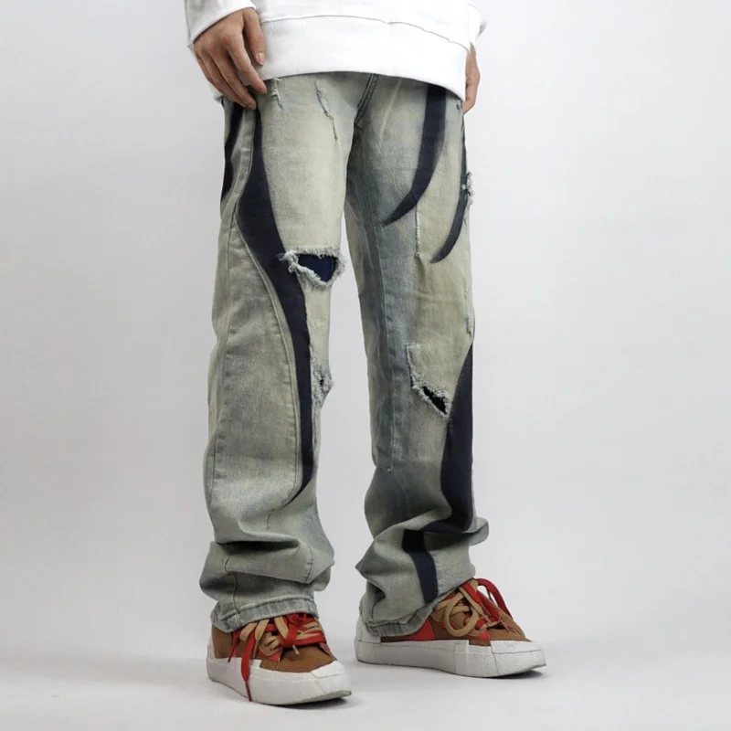 DEEPTOWN Y2K Patchwork Jeans Men Loose Ripped Denim Pants Male Casual Fashion Hole Trousers Streetwear Hip Hop Blue Striped