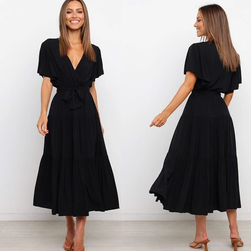 

Женское длинное платье с поясом, черное Хлопковое платье-макси с V-образным вырезом и высокой талией, повседневное офисное платье-трапеция д...