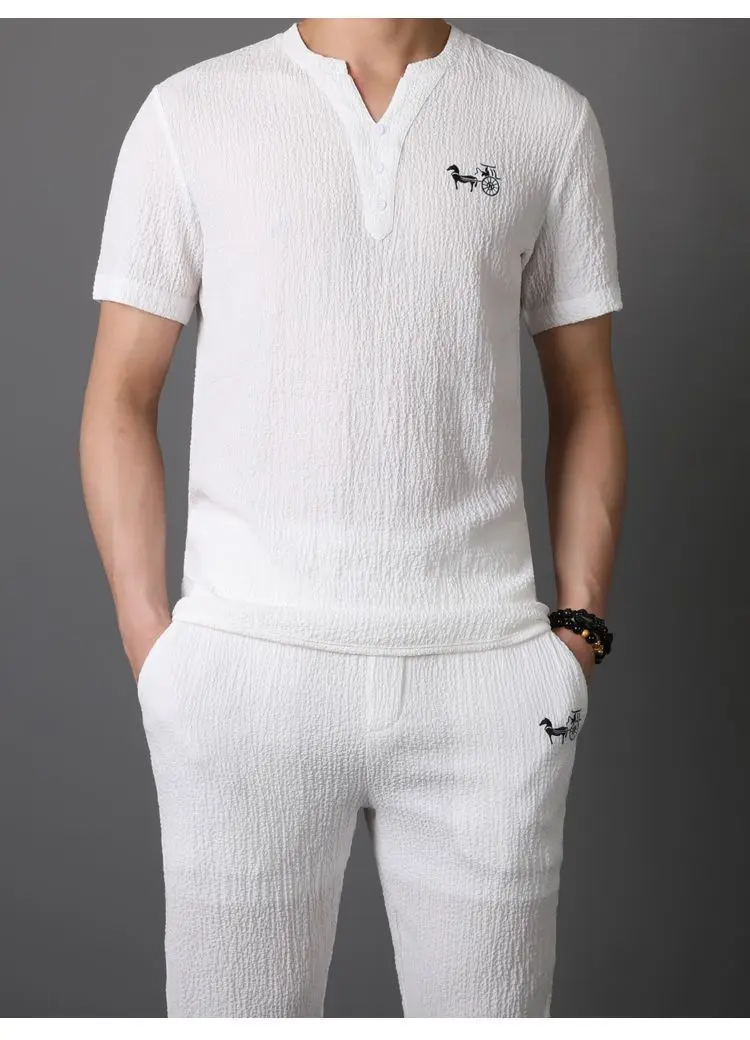 2023 Chinese Style Summer High-End V-neck Embroidery Suit Light Luxury Thin Mature Ice Silk Men's Two-Piece Suit Mens Clothes