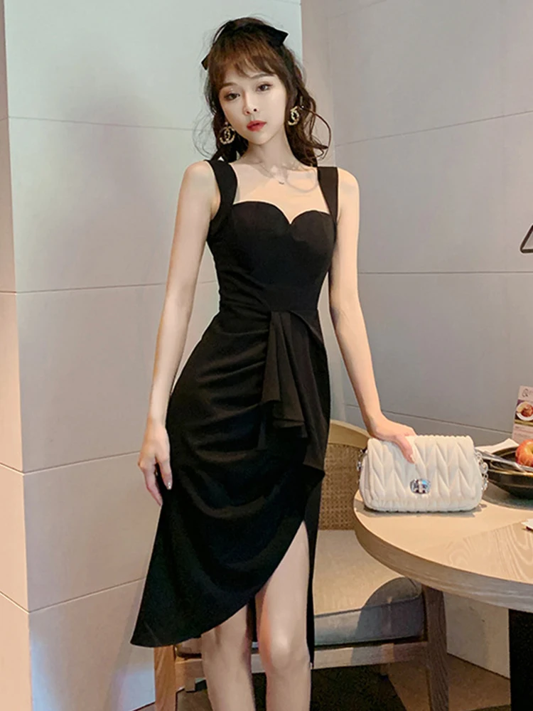 

Summer Sexy Elegant Woman Dress Low Cut Spaghetti Strap Slip Midi Slim Folds Split Flounced Hem Evening Party Club Femme Vestido