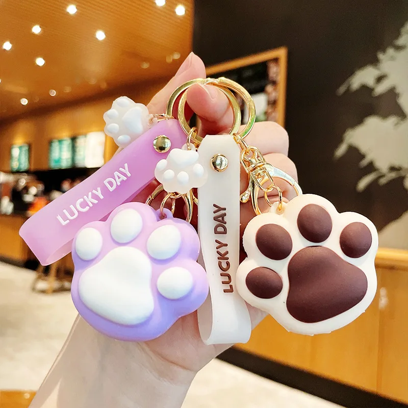 Cute Cartoon Silicone Dog Cat Paw Keychain School Bag Handbag Decor PVC Animal Claw Keyring Fashion Women Jewelry Gift 2022