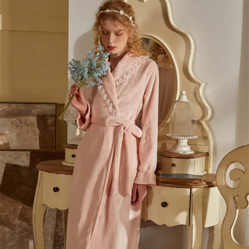 Roseheart New Winter Luxury Pink Blue Pajama Sexy Women Robe Sleepwear Flannel Nightwear Plus Size Keep Warm Bathrobe Sashes
