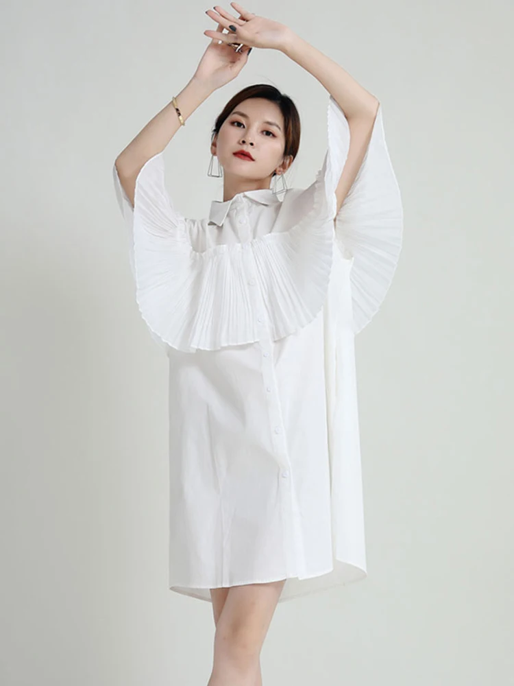 

White Color Patchwork Ruffles Dress For Women Lapel Neck Short Sleeve Minimalist Solid Mini Dresses Clothing