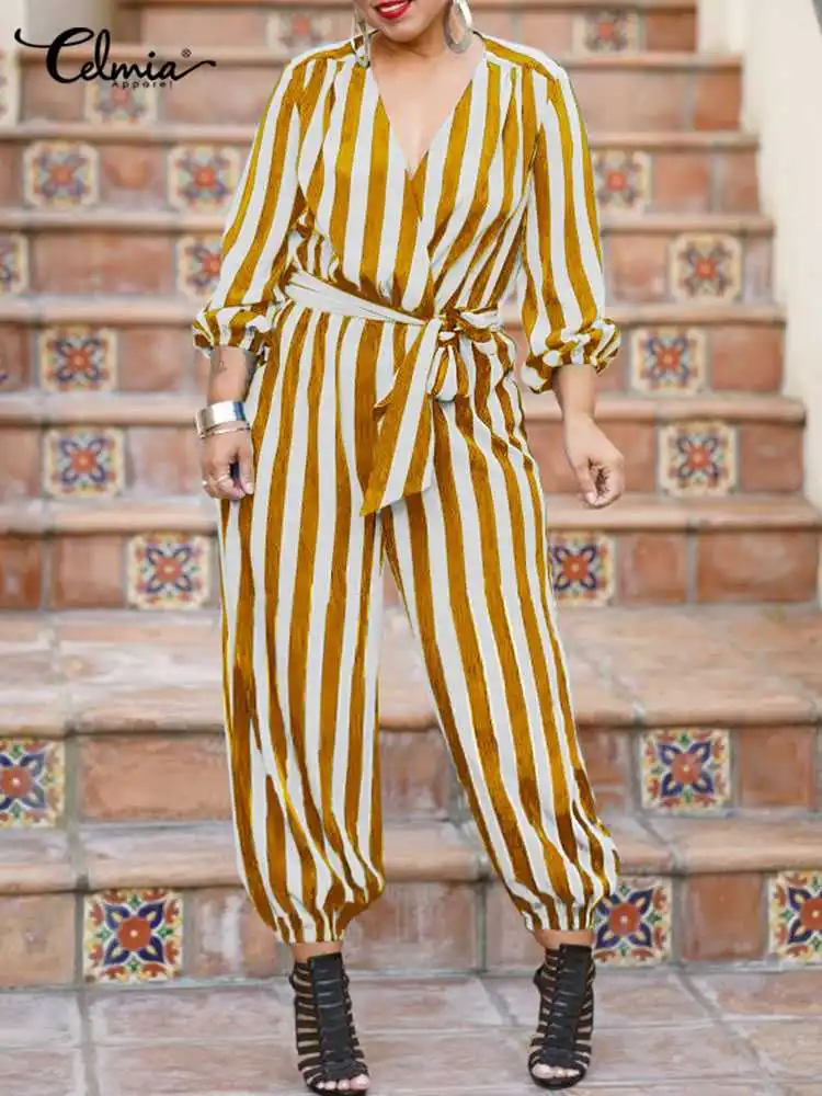 

Модный женский комбинезон Celmia с поясом и V-образным вырезом, уличный длинный комбинезон, повседневный Свободный Полосатый комбинезон с длин...