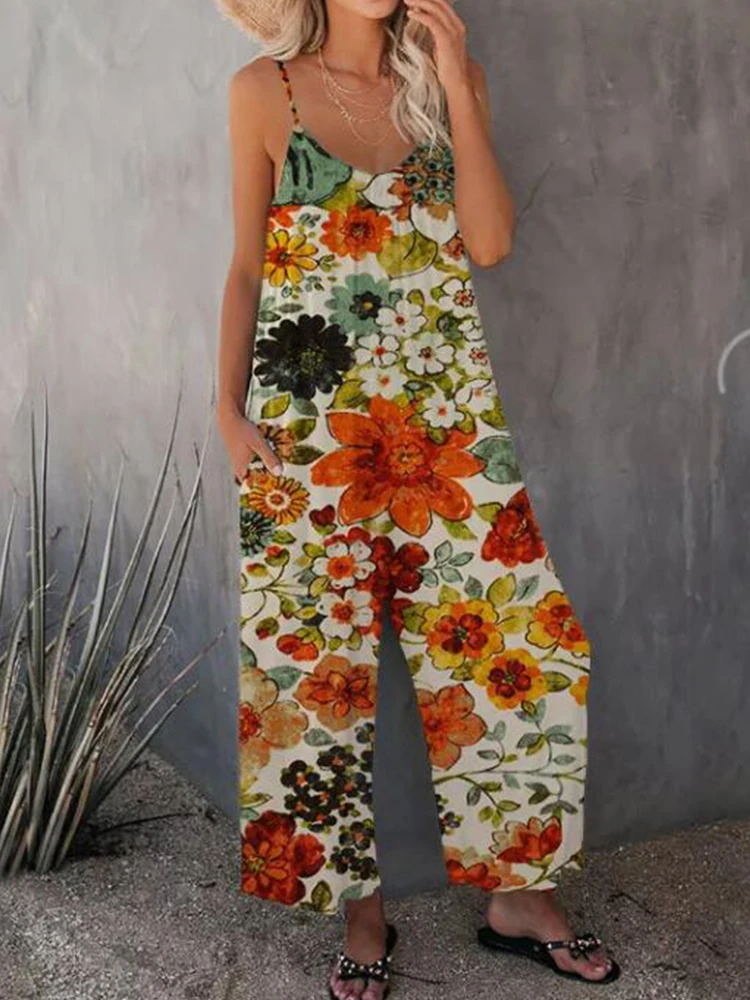 

Women Rompers 2022 Sleeveless Beach Strap Loose Playsuit Summer Ladies All Match Long Trousers Holiday Floral Print Jumpsuit