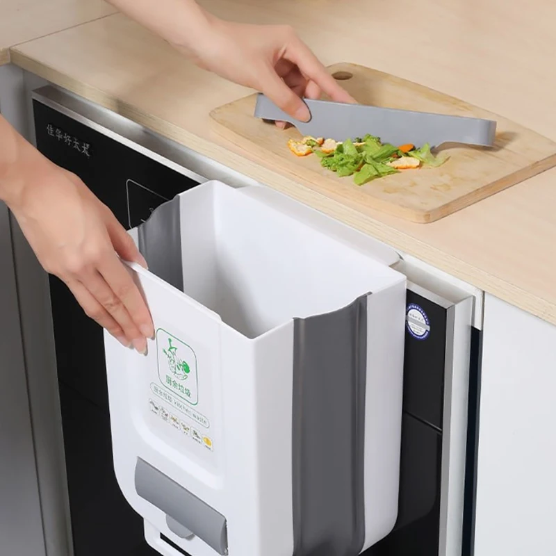 

Kitchen Wall-mounted Folding Trash Can Household Cabinet Hanging Storage Trash Basket Creative Classification Hanging Trash Can