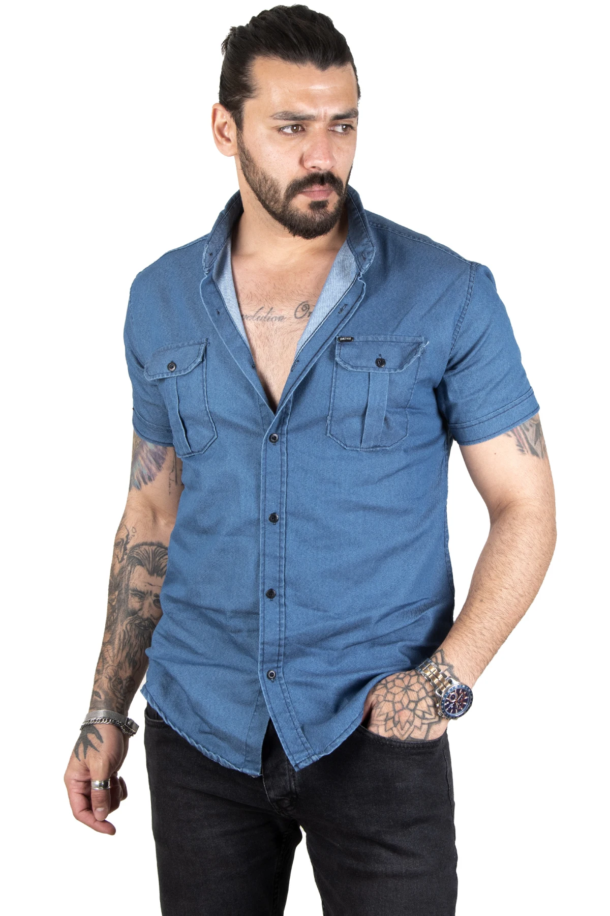 DeepSEA lycra slim cut buttoned short sleeve men's denim shirt 2201885