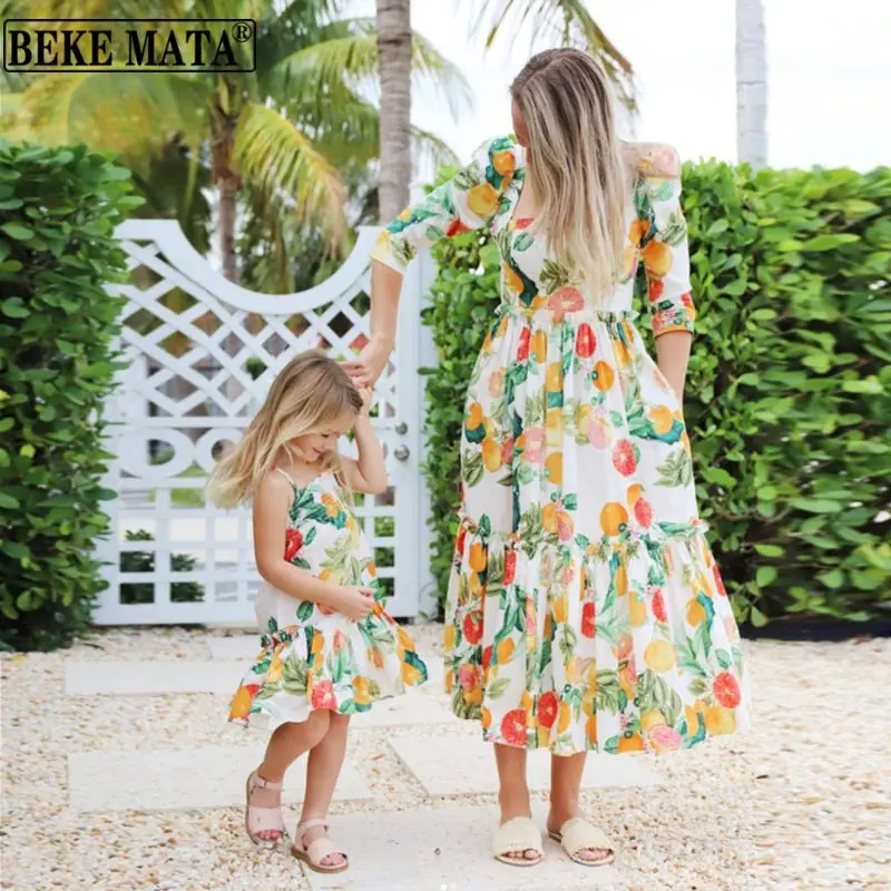 

2022 Summer New Family Matching Dress Fruit Print Half Sleeve Mother And Daughter Clothes Mom And Daughter Dresses Outfits Set