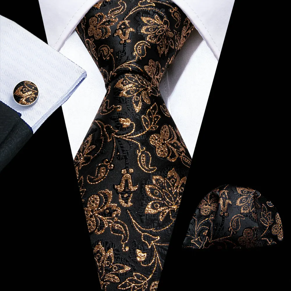 

Fashion Gold Floral Men Silk Necktie Brooches Men Tie Handkerchief Cufflinks Sets Men Gift Barry.Wang Designer FA-5828