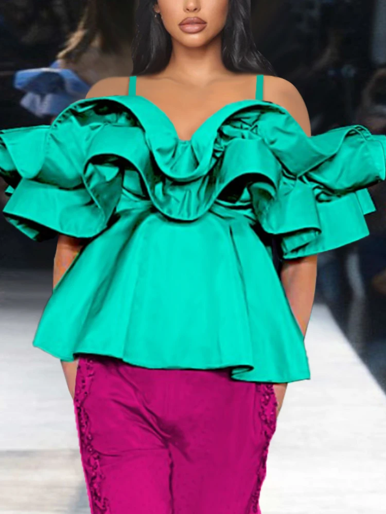 

Women Blouse Off Shoulder Spaghetti Strap Ruffle Sexy Party Shirt Tops Green Large Size 2022 Fashion Female African Summer Bluas