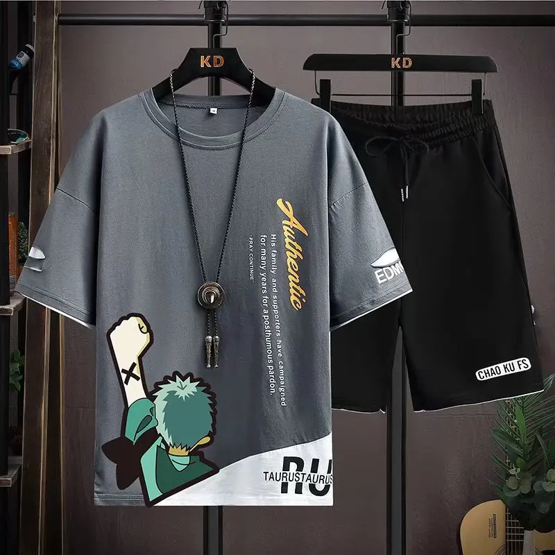 Men Clothing Set T-shirt Shorts Anime One Piece Sauron Back Print Tshirt Shorts Japan Street Hip Hop Leisure Sports Men Clothes