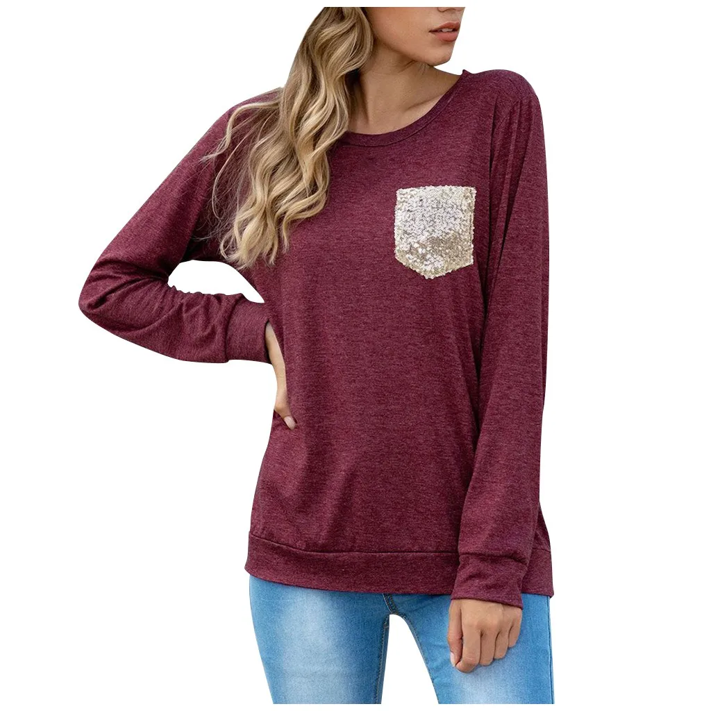 

ISHOWTIENDA New Fashion Womens Solid Tops Casual Loose Long Sleeve Fashion O-Neck Sequined Women's tops de mujer
