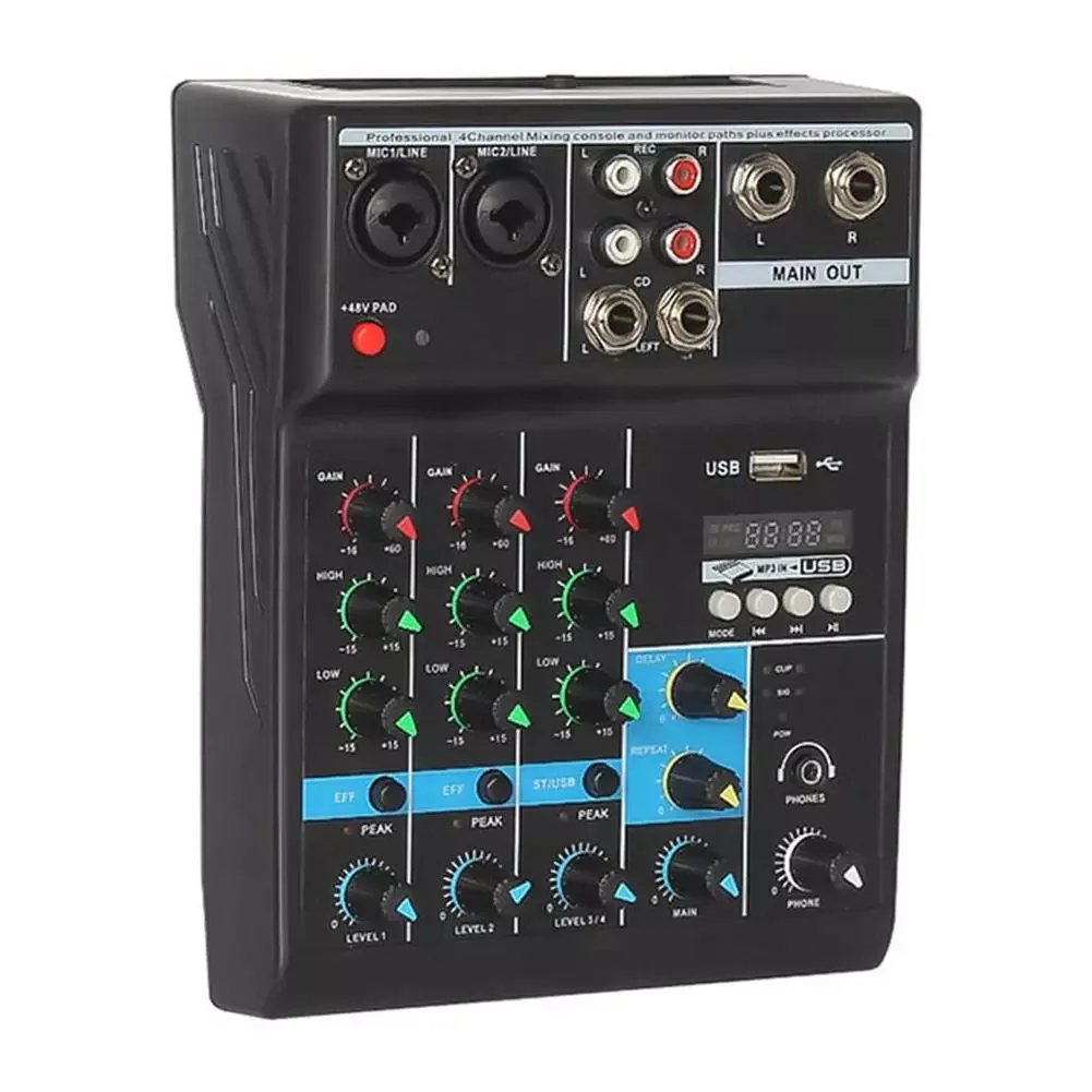 

NEW2023 4-way Tuning Table USB Audio DJ Mixer Perform Live Singing Recording Computer Sound Card Reverberation DJ Device
