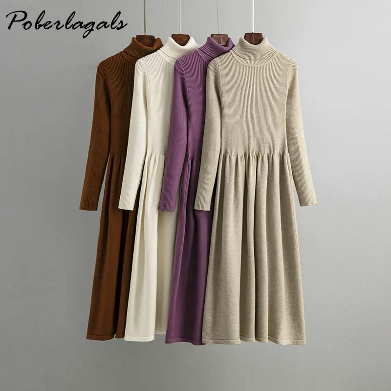 

Thick Warm Knitted Elegant Women Sweater Dress Autumn Winter Long Midi Dress Elegant Solid Office Ladies A Line Sweater Dresses