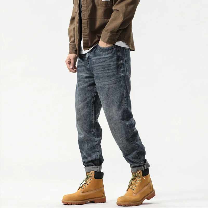 Streetwear Men 2022 New Pattern Recreational Vintage Broad Leg Blue Jeans Straight Cylinder Large  Loose Trousers Autumn Female