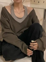 deeptown oversize brown sweatshirts y2k aesthetic korean fashion patchwork off shoulder hoodie fake two peice outwear halter top