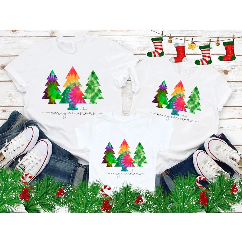 

Colored Christmas Trees Print Family Tshirt Women Men Children's T-shirts New Year Xmas Party Mathing Clothes Streetwear
