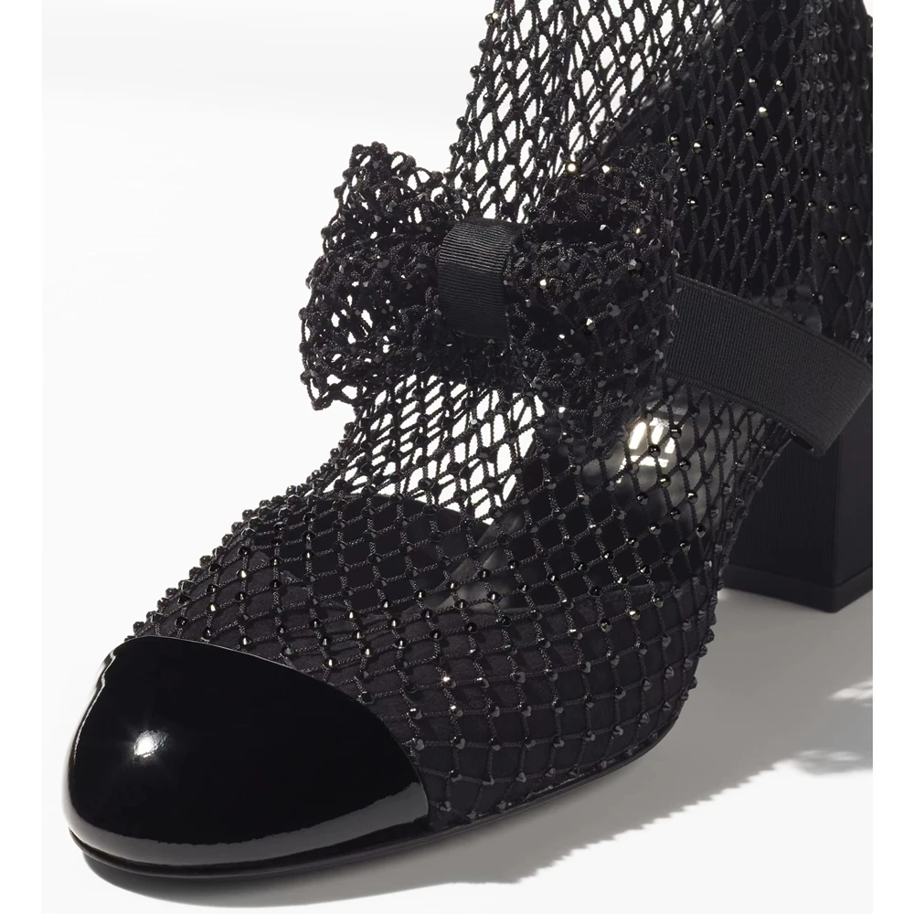 New Women Summer Ankle Boots Women's Leather Mesh Booties Fashion Full Drill Sexy Round Toe Band Bowknot High Heels Big Size 43