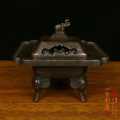 

Exquisite Antique Elephant Foot Copper Square Incense Burner Ornaments