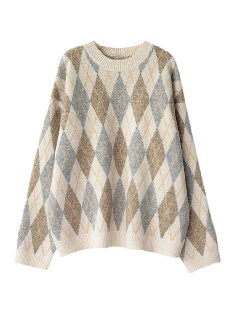 Женский винтажный свитер в клетку с длинным рукавом