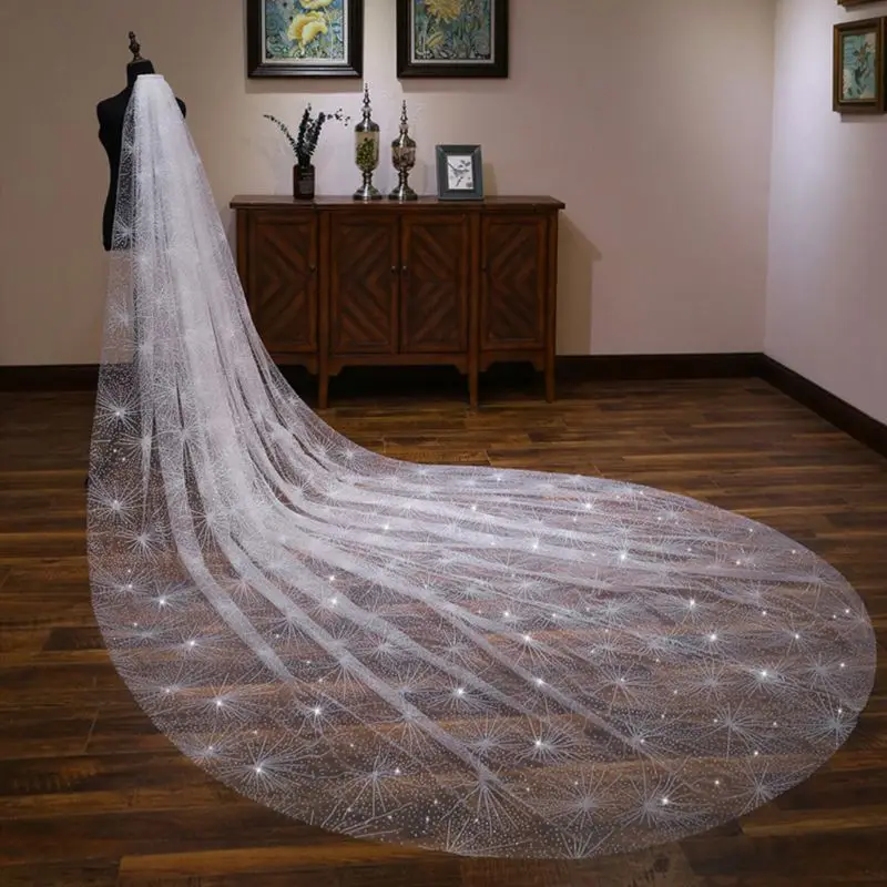 

2023 New for 3M One-Layer Women White Trailing Long Wedding Veil Seashell Spray Glitter R