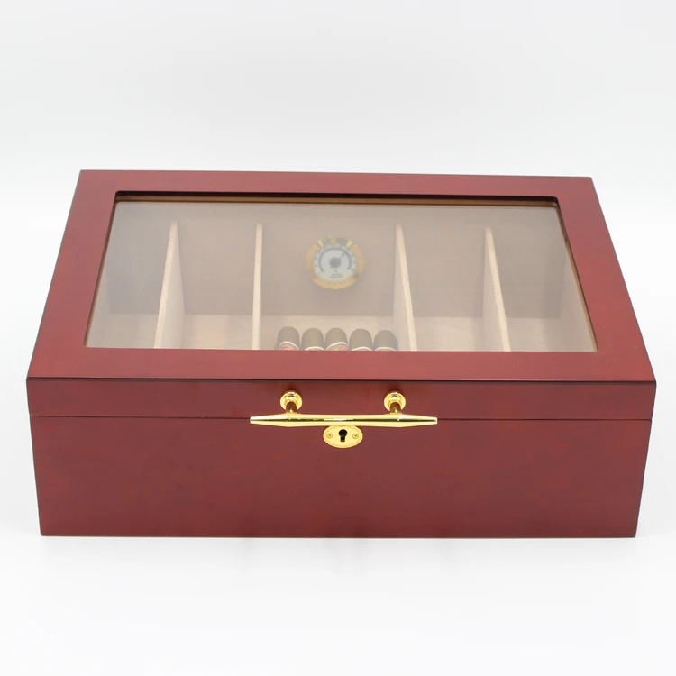 

wholesale custom spanish cedar wooden box de puros with hygrometer digital humidifier solution desktop glass top cigar humidor