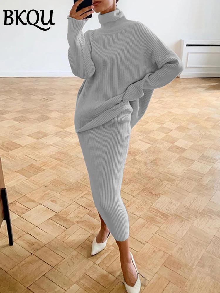 BKQU вязаный свитер с воротником и длинная юбка комплект из двух предметов женский