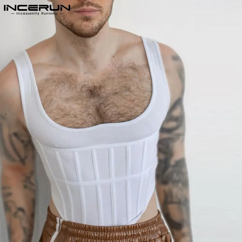 

Men Tank Tops Solid Color Sleeveless Sexy Striped Vacation Skinny Casual Irregular Vests Streetwear Men Clothing S-5XL INCERUN